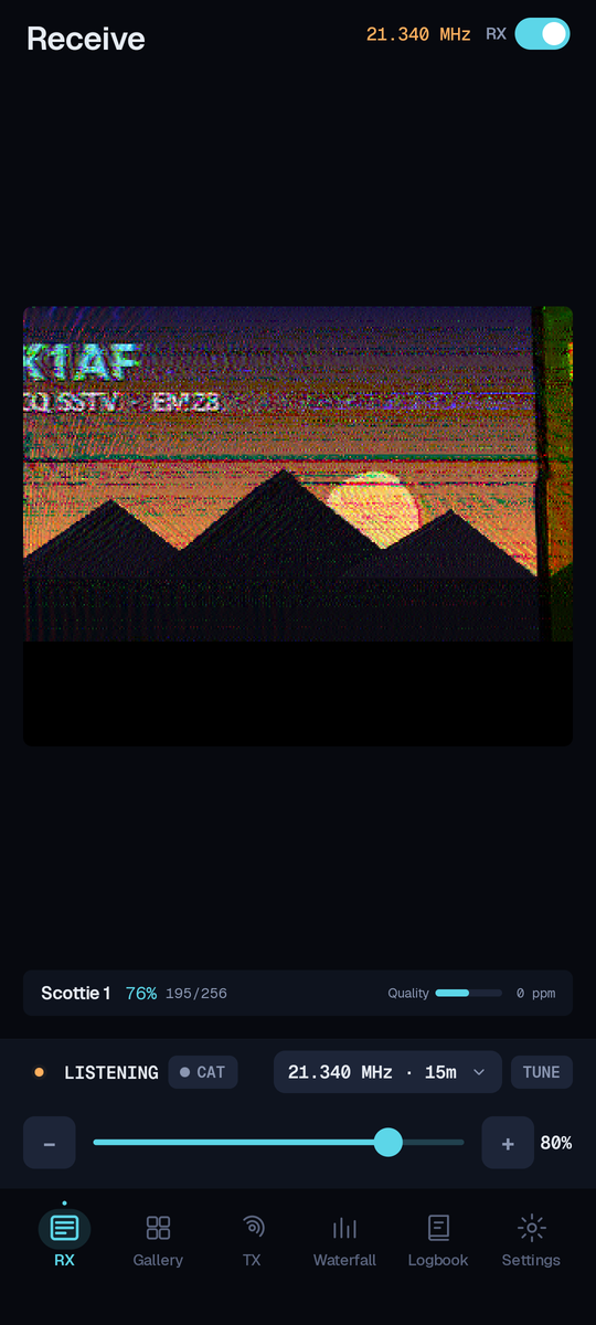 SSTV-AF on Android: an incoming picture painting in line by line on 14.230 MHz with the detected mode Scottie 1, a live waterfall below, and a gallery of previously received images.