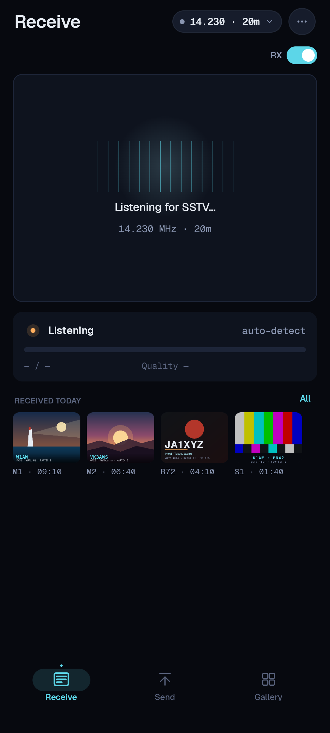 SSTV-AF on Android: an incoming picture painting in line by line on 14.230 MHz with the detected mode Scottie 1, a signal-quality readout, and a gallery of previously received images.