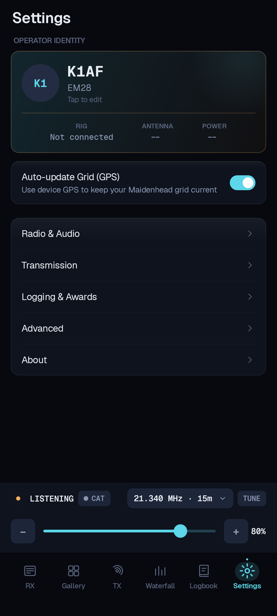 SSTV-AF settings tab: an operator-identity card with callsign, grid, antenna and power, and drill-down categories for Radio & Audio, Transmit, Modes, Logging and About.