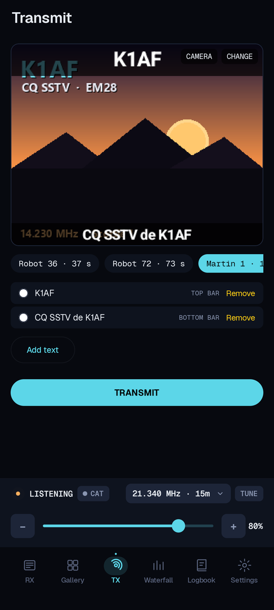 SSTV-AF transmit screen: a selected photo with a callsign overlay, a mode picker set to Martin 1, and a large Send button that keys the radio.